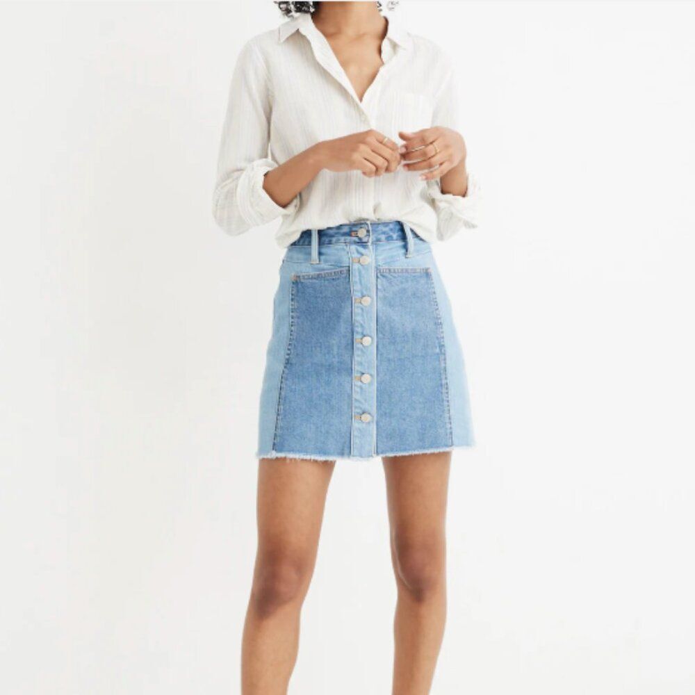Madewell x Isko Patchwork Denim Mini Jean Skirt Size 25 Button Front Cutoff